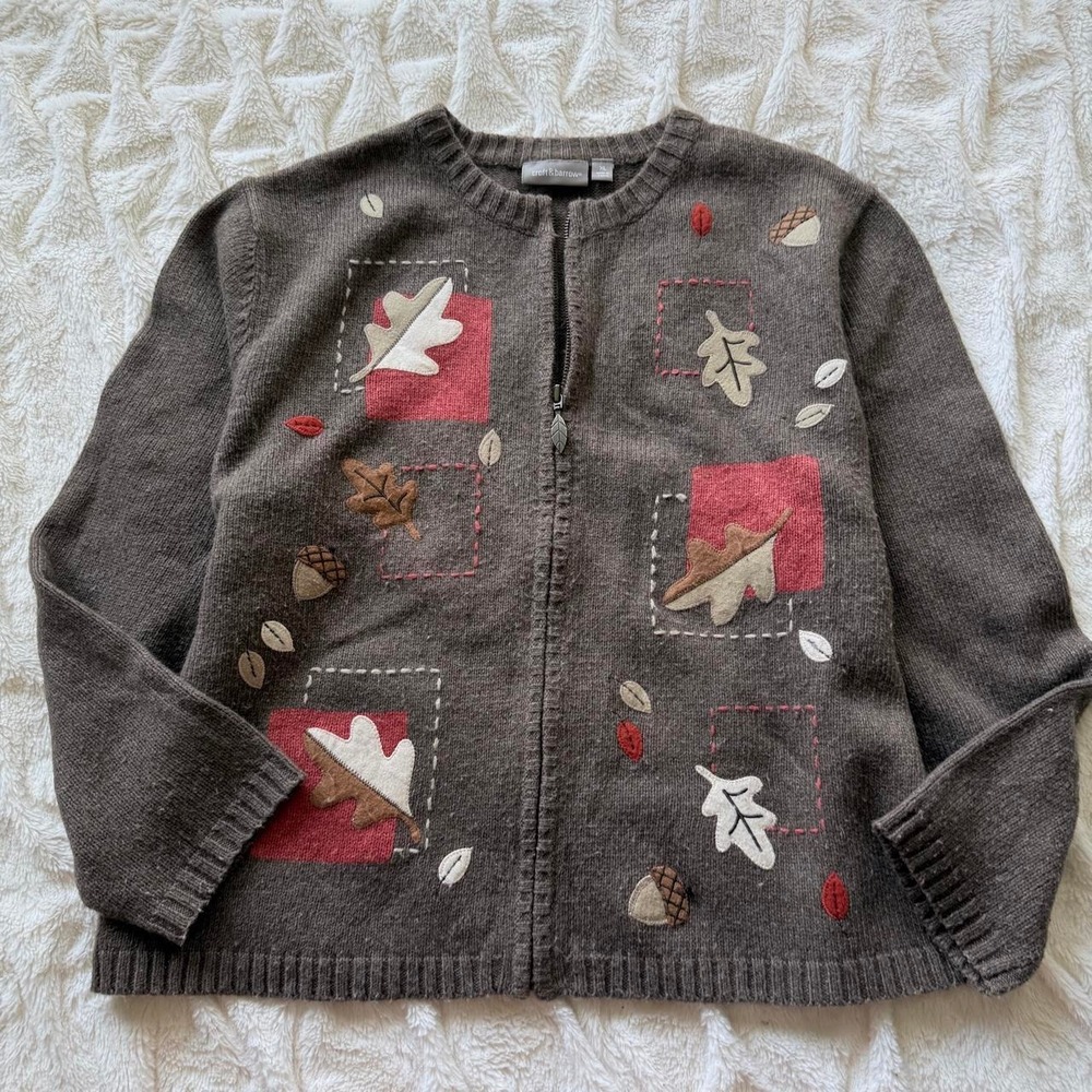 Croft & Barrow Women's XL Brown Fall Leaf Appliqué Zip Cardigan Sweater
